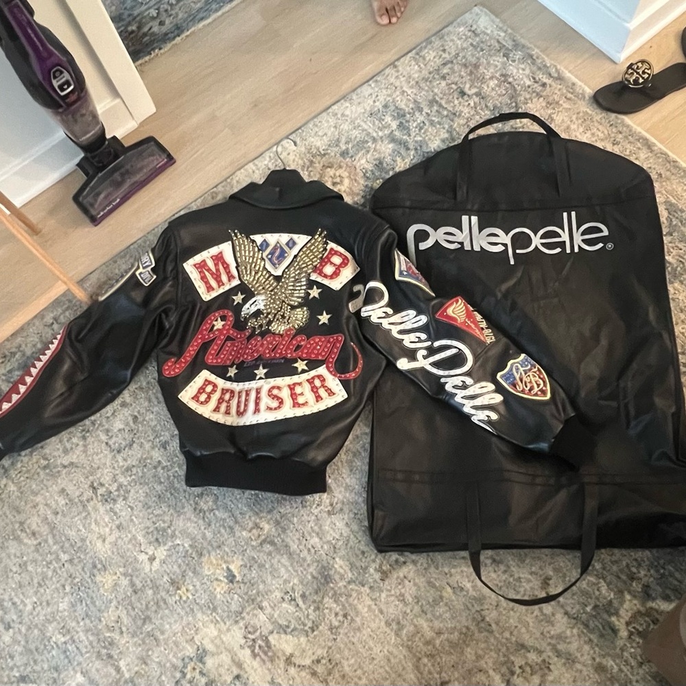 Pelle Pelle Men's Black Bomber Jacket with Red and Gold Details
